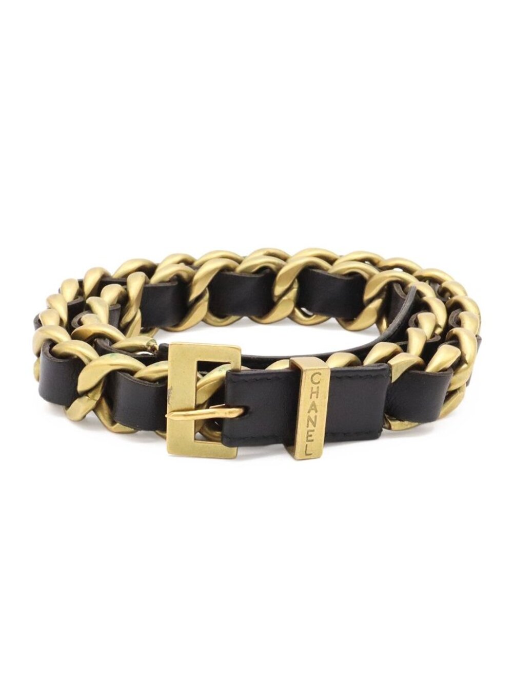 Chanel Leather Chain Belt Black Gold 75 94A